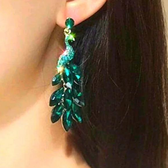 Sparkling Emerald Peacock Earrings - Picture 4 of 4